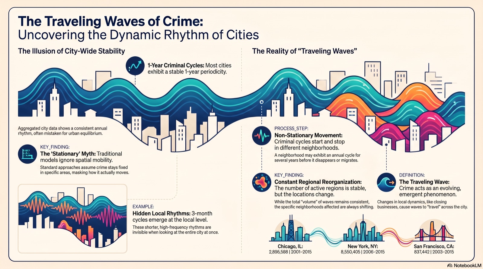 Infographic: The travelling waves of crime — uncovering the dynamic rhythm of cities. City-level data suggests a stable yearly crime cycle, but a localized wavelet analysis of twelve cities reveals non-stationary waves that migrate between neighborhoods; the number of active regions stays constant while their locations perpetually shift.