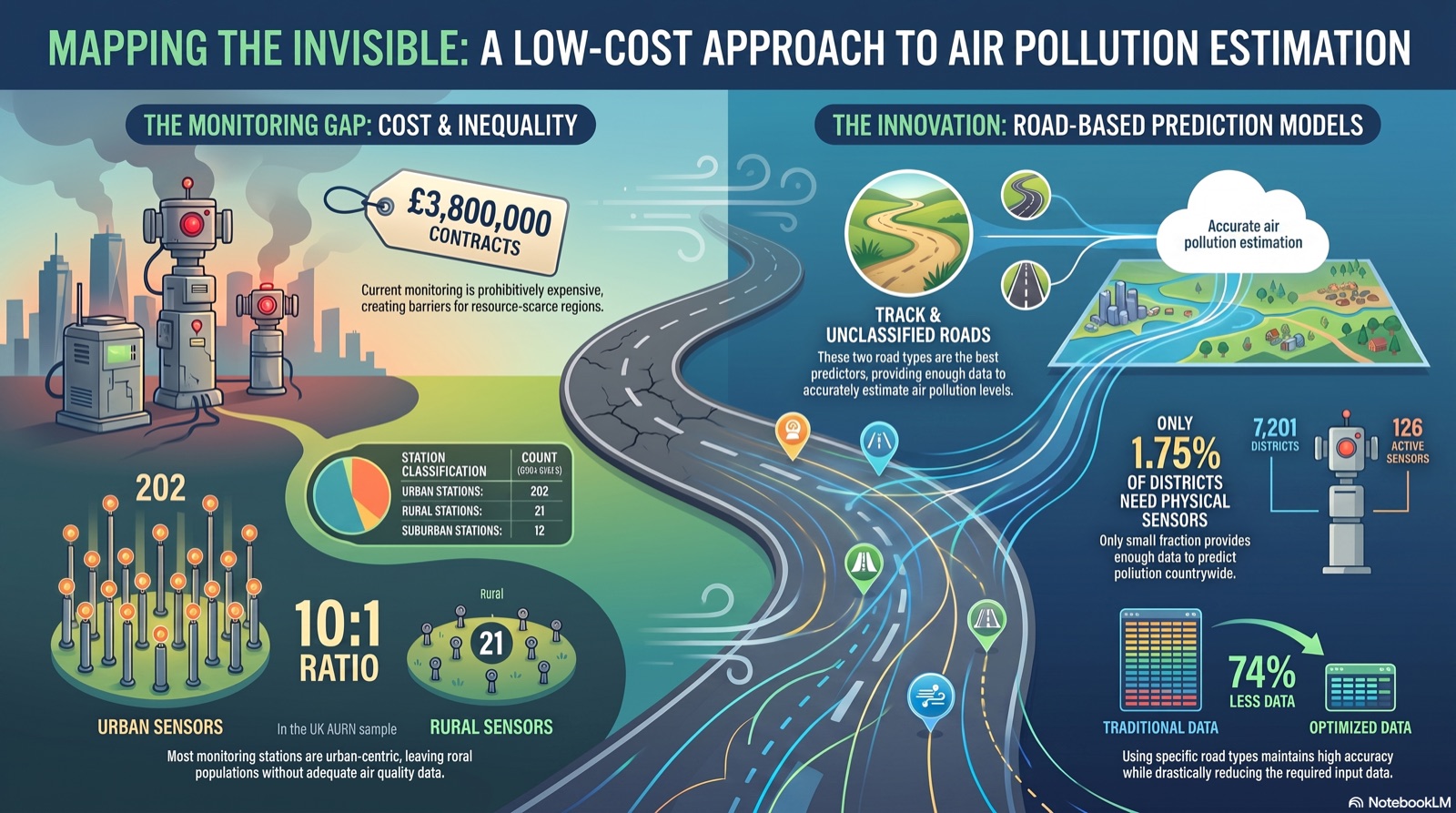 Infographic: Mapping the invisible — a low-cost approach to air-pollution estimation. Official monitoring is expensive and urban-centric, leaving rural areas without data; a road-based regression model using OpenStreetMap road structure predicts pollution across England and Wales from only a tiny fraction of districts.