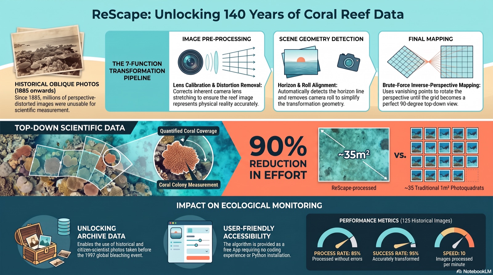 Infographic: ReScape — unlocking 140 years of coral reef data. A seven-function pipeline (lens calibration and distortion removal, horizon and roll alignment, and brute-force inverse-perspective mapping) rectifies historical oblique reef photos from 1885 onward into top-down scientific data, yielding a ~90% reduction in effort versus traditional 1-square-meter photoquadrats.